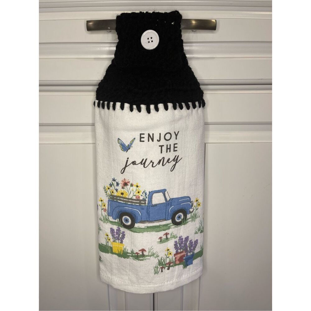 Crochet Top Kitchen Towel- Enjoy the Journey Truck Flowers Butterfly Spring